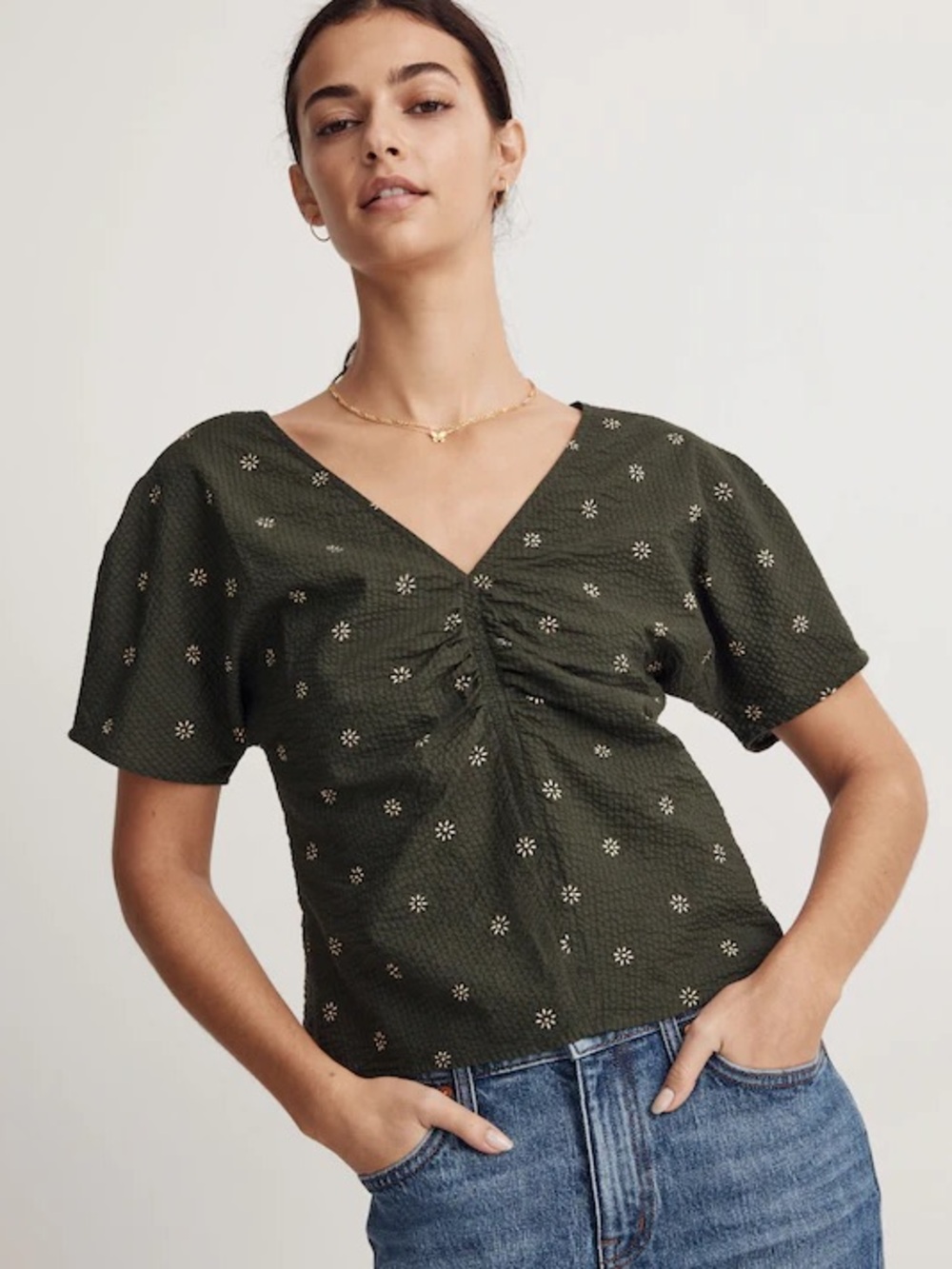 Madewell Olive Green Ruched V-Neck Eyelet Blouse